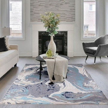 Aurora AU18 Ocean Modern Abstract Distressed Marbled Metallic Shimmer Textured High-Density Soft Smooth Low Profile Polyblend Short-Pile Cream/Navy Blue/Light Blue/Charcoal/Silver/Blue-Grey/Off White Rug-Asiatic Carpets-Rug Love - The Most Loved Rug Store